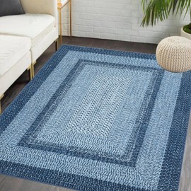 RUGSREAL Washable Rug 5x7 Boho Accent Rug Modern Geometric Floor Carpet Indoor Throw Floor Cover Braided Print Rug Low Pile Non Slip Farmhouse Rug Rustic Bohemian Carpet for Living Room Bedroom, Blue