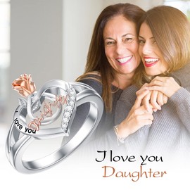 POPKIMI Gifts for Daughter Daughter Ring I Love You Daughter with Rose Flower 925 Sterling Silver Ring Daughter Birthday Gifts Jewelry Love Heart Ring for Daughter
