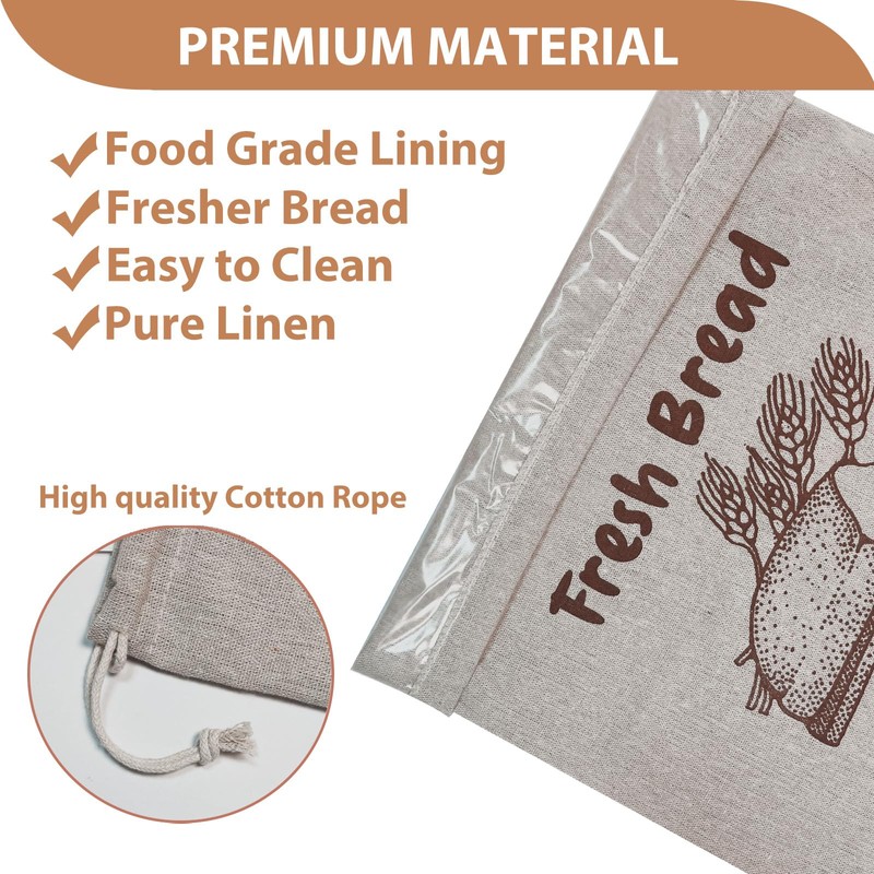 Hacinbiz 3 Pack Linen Bread Bags with Inner Lining -