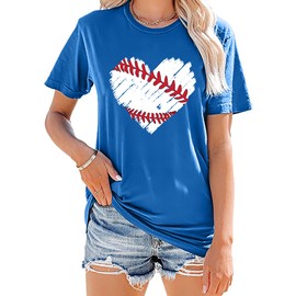 Baseball T Shirts for Women Baseball Mom Shirt Tee Funny Baseball Heart Graphic Casual Baseball Lover Gifts Blue