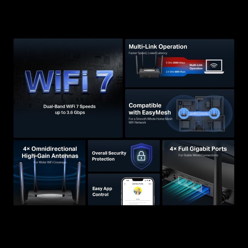 Mercusys BE3600 Dual-Band Wi-Fi 7 Router, up to 3.6Gbps, Gigabit