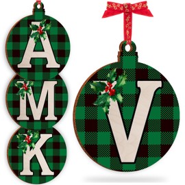 Christmas Initial Ornament for Christmas Tree Decorations - 12x10cm - Xmas Wooden Hanging Baubles - Xma Family Tree Gifts C2 (Initial #V)