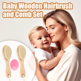 Baby Wooden Brush and Comb Set, 2Pcs Natural Goat Bristles Hair Brush with Cradle Cap Comb for Newborns Toddlers Newborn Boys Girls (Pink)