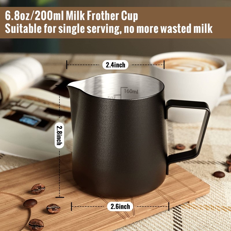 HULISEN 6.8oz/200ml Milk Pitcher, Stainless Steel Espresso Latte Steaming Frothing