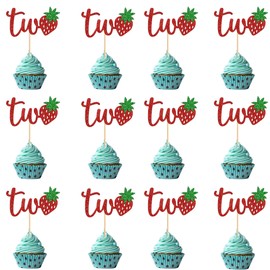 12 Pcs Red Glitter "Two" with Strawberry Cupcake Toppers - 2nd Birthday Party Decoration, Anniversary Dessert Picks, Berry Sweet Celebrations for Cakes & Appetizers