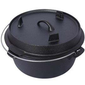 ESPIDOO 8 Quart Cast Iron Dutch Oven: Pre-Seasoned Camping Pot with Skillet Lid - Outdoor Cooking for Stews & Baking Over Fireplace & Campfire - Includes Iron Pot Rack & Lid Lifter