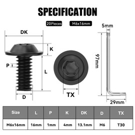 Wavanta 20Pcs M6 Bolts, M6 x 16mm Flanged Button Head Screws, Torx Bolts, 304 Stainless Steel, Fully Threaded, Black Oxide with Torx Key