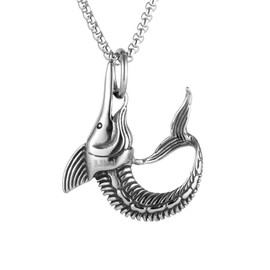 Men's and Women's Gothic Punk Animal Swordfish Pendant Necklace,316L Stainless Steel,Silver Stainless Steel Square Pearl Chain,Vintage Amulet Jewelry
