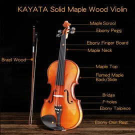 KAYATA 3/4 Size Violin set, Beginner Students Violin,Maple Wood Violin Ebony Fittings with Hard Case, Shoulder Rest, Rosin, Bow, Extra Strings,Finger Guide Violin Sticker.