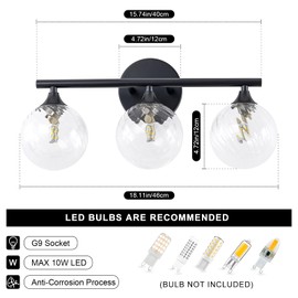 WILON 3-Light Bathroom Light Fixtures, Black Modern Vanity Lights Over Mirror with Bubble Globe Clear Glass Shade, Matte Black Wall Lights for Mirror Bathroom Kitchen Living Hallway Cabinet Porch