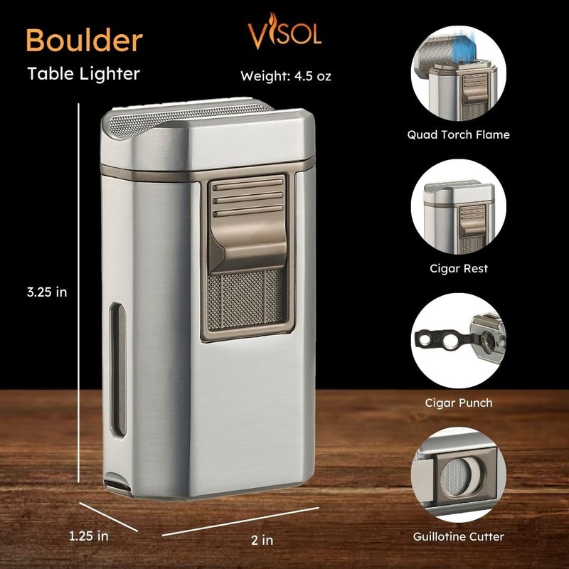 Visol Boulder Butane Torch Quad Flame Refillable Gas Lighter, Built