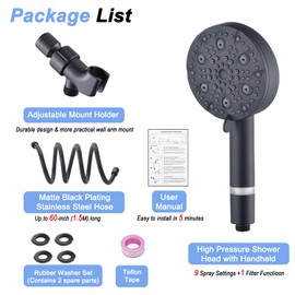 Filtered Shower Head with Handheld, Shower Heads High Pressure, 9 Spray Modes, Showerhead with 60" Hose & Bracket, Shower Head with 2 Filters for Hard Water (Black)