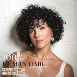 RUWISS Short Brazilian Kinky Curly Human Hair Wig Glueless Wear and Go Bob Wigs with Bangs for Women, Adjustable Cap (21.5"-23.5") Lightweight Wig Daily to Party Wear, Natural Black
