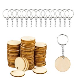 Set of 100 Wooden Discs with Key Ring, Wooden Plates, Durable, Lightweight Key Chain, Wooden Pendant for DIY Crafts, Painting, Craft Decoration Accessories