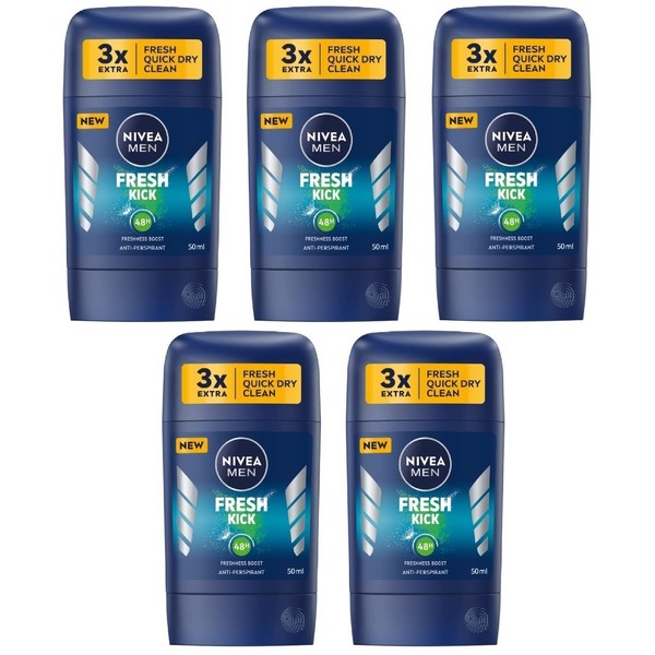 5x Nivea Fresh Kick Deodorant Solid Stick for Men 5x50ml (Pack of 5)