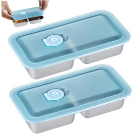 WADY 2 Pack Stainless Steel Snack Containers, 2-Compartment Bento Box with Clear Lid, Travel & Camping Food Storage