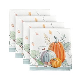 Horaldaily Fall Cloth Napkins 18 x 18 Inch, Thanksgiving Autumn Harvest Orange Blue Pumpkin Leaves Party Dinner Decoration Washable Napkins Set of 4