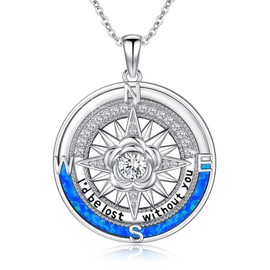 YueYuan Women Compass Necklace 925 Sterling Silver Blue Opal Pendant Jewellery Gift for Nautical Lovers