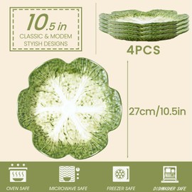 KXZ Set of 4 Green Ceramic Salad Plate, 10.5 Inch Porcelain Decorative Plates for Kitchen, Round Appetizer Bowl for Dessert, Decorative, Dinner, Pancakes, Steak