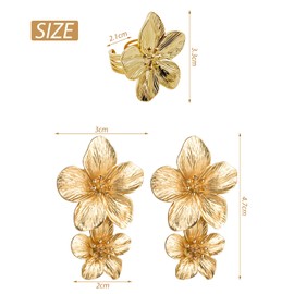 1 Pair Of Gold Long Flower Earrings, 1 Flower Ring, Gold Flower Earrings, Large Gold Earrings, Gold Flower Earrings, Gold Statement Earrings For Women