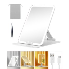 Gospire - Espejo de maquillaje recargable de viaje con luces y aumento 10X, soporte plegable y luz con sensor de ángulo, 3 modos de iluminación y atenuación continua, espejo iluminado LED de cambiador - Blanco