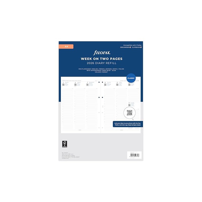 Filofax A4 week on two pages 5 language appointments 2026