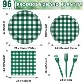 96Pcs Green Gingham Party Decorations Green and White Checkered Birthday Themed Tableware Gingham Plaid Plates Napkins Forks Picnic BBQ Dinnerware Supplies for Baby Shower Birthday Serves 24 Guests