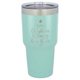 MERRY CHRISTMAS & HAPPY NEW YEAR Engraved Teal 30 oz Tumbler With Straw and Slide Top Lid | Stainless Steel Travel Mug | Compare To Yeti Rambler Idea
