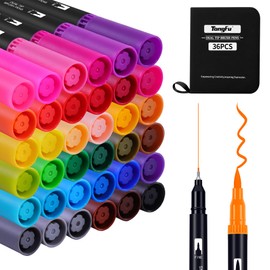 TongFu Brush Pen Set, 36 Colours 1-5 mm/Fineliner 0.4 mm Felt Tip Pens Thickness and Thin for and Adults, Dual Tip Brush Pens Watercolour Marker for Bullet Journal, Colouring Books, Hand Lettering,
