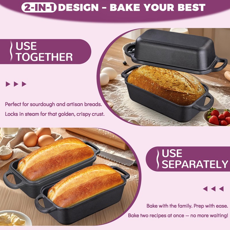 Vanderlume Cast Iron Loaf Pan with Lid 9x5 Inch, 2