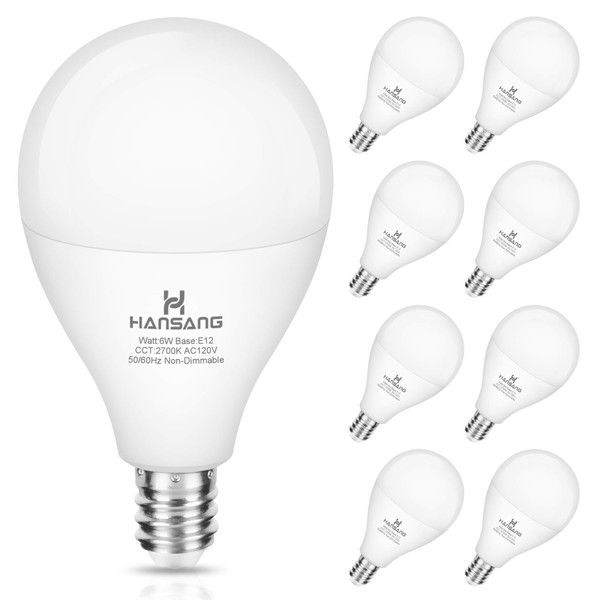 hansang E12 LED Ceiling Fan Light Bulbs 60 watt Equivalent, E12 Candelabra Base led Bulbs Warm White 2700K,A15 Small Base LED Light Bulbs for Ceiling Fan,600LM,Non-Dimmable, 8 Pack