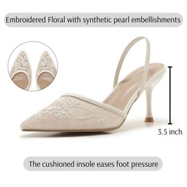 ATBELL Embroidered Mesh Slingback Heels for Women White Pearl Kitten Heel Pumps Pointed Toe Backless Wedding Shoes White Size 9