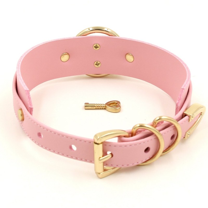 Choker, Heart Collar, Padlock, Ring, PU Leather, (Pink & Gold)