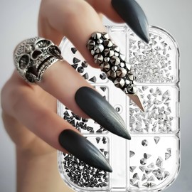 4PCS Kits 3D Metal Punk Nail Art Studs Silver Black Cone Spikes Alloy Rivets Jewelry Steel Balls Nail Jewelry Decorations Manicure Supplies With Tweezers Dot-drill Crayons for DIY Crafts