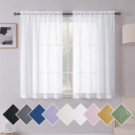 Simplebrand White Sheer Curtains 54 Inch Length 2 Panels, Geometric Mid Century Jacquard Clip Textured Short Curtains Sheer for Bedroom, Light Filtering Rod Pocket Window Curtains, 42Wx54L Inches