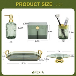FEXIA Green Bathroom Accessories Set 5 Pcs Green Bathroom Decor with Decorative Vanity Tray for Boho Bathroom Decorations Soap Dispenser Toothbrush Holder Lotion Gifts for Women Home Apartment Decor
