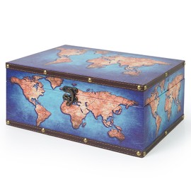 DreamsEden Decorative Wooden Storage Box Large Trunk Vintage Wood Treasure Chest, 13.7" x 8.8" x 6.0" (Blue Map)