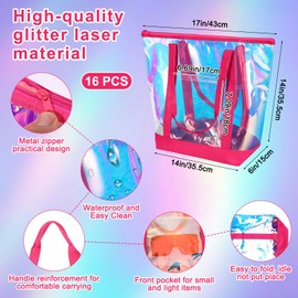 Silkfly 16 Pieces Clear Tote Bags Bulk, PVC Shoulder Handbag, Security Approved See Through Bag with Zipper Closure for Work (Colorful Laser)