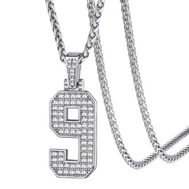 KeyStyle Baseball Number 9 Necklace for Men, Cubic Zirconia Bling CZ Number Chains Sport Lovers Jewelry
