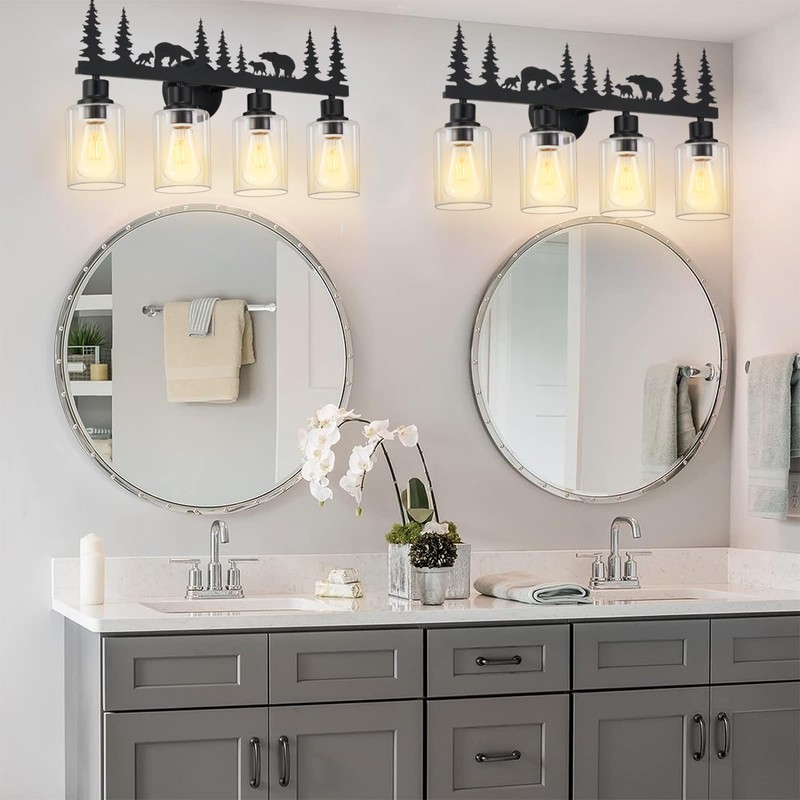 Monyohame Farmhouse Rustic Bear Bathroom Light Fixtures, 4-Light Black Vanity