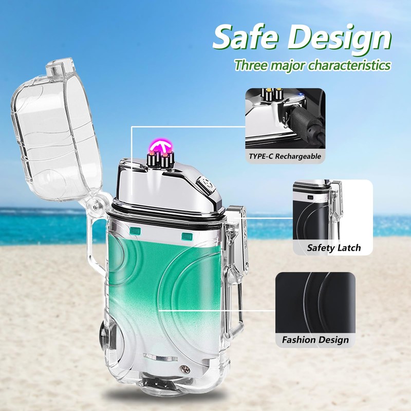 SKRFIRE Electric Lighters Transparent Waterproof Dual Arc Lighter with LED