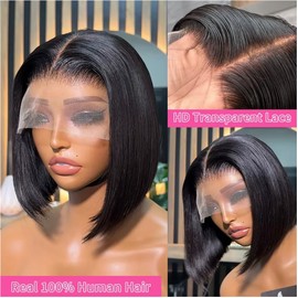 Black Bob Wig Human Hair - 13x4 HD Lace Front Glueless & Pre Plucked | Undetectable Baby Hair for Women | 180% Density Natural 10Inch Straight Bob Wig
