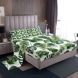 Erosebridal Palm Leaves Bed Sheets Hawaiian Sheet Set Monstera Banana Leaves Bedding Set King Size Summer Tropical Leaves Fitted Sheet for Living Room Bedroom Decor, Green White Flat Sheet
