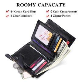 SENDEFN Women's RFID Blocking Leather Small Compact Bi-fold Zipper Pocket Wallet Card Case Purse with ID Window