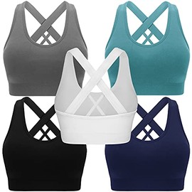 Sports Bras for Women Padded High Impact Seamless Criss Cross Back Workout Tops Gym Activewear Bra (Black+White+Blue+Grey+Navy, X-Large)