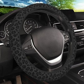 Black Leopard Print Cheetah Elastic Steering Wheel Cover, Non-Slip Breathable Neoprene Steering Wheel Covers, Women Leopard Car Accessories, Universal 15 Inch Fit Auto, Suvs, Truck