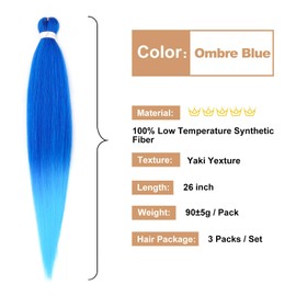Ombre Blue Braiding Hair Pre stretched 26 Inch 3 Packs Pre-stretched Braiding Hair EZ Braid Synthetic Hair Extensions for Crochet Box Braids