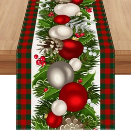 Jiudungs Linen Red and Green Buffalo Check Plaid Christmas Table Runner 108 Inches Long Farmhouse Winter Christmas Xmas Holiday Home Kitchen Table Decorations