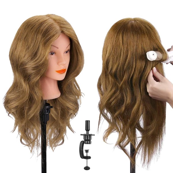 TopDirect 18 Inch 45 cm Training Head 100% Real Hair Cosmetology Mannequin Doll Head with Clamp + DIY Hair Hairstyles Set, Light Brown