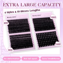 WENDY LASHES Cluster Lashes, 60D+80D+100D+150D Eyelash Clusters D-Curl Fluffy Individual-Eyelashes 10-18mm Wispy Lashes Individual Cluster Natural Look DIY Lash Extensions